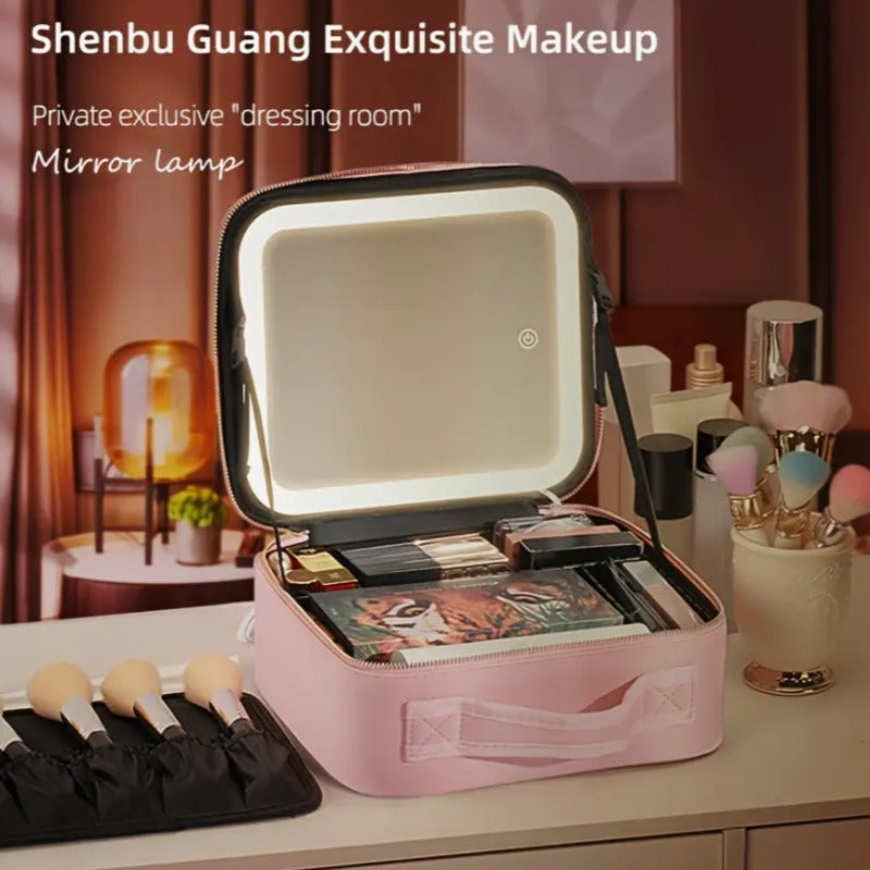 Makeup Bag With Mirror Of LED Lighted, Travel Makeup Train Case Cosmetic Bag Organizer With Mirror And Lights, Make Up Bag With Light Up Mirror Adjustable Divider Brush Board, Christmas Halloween Thanksgiving Gift