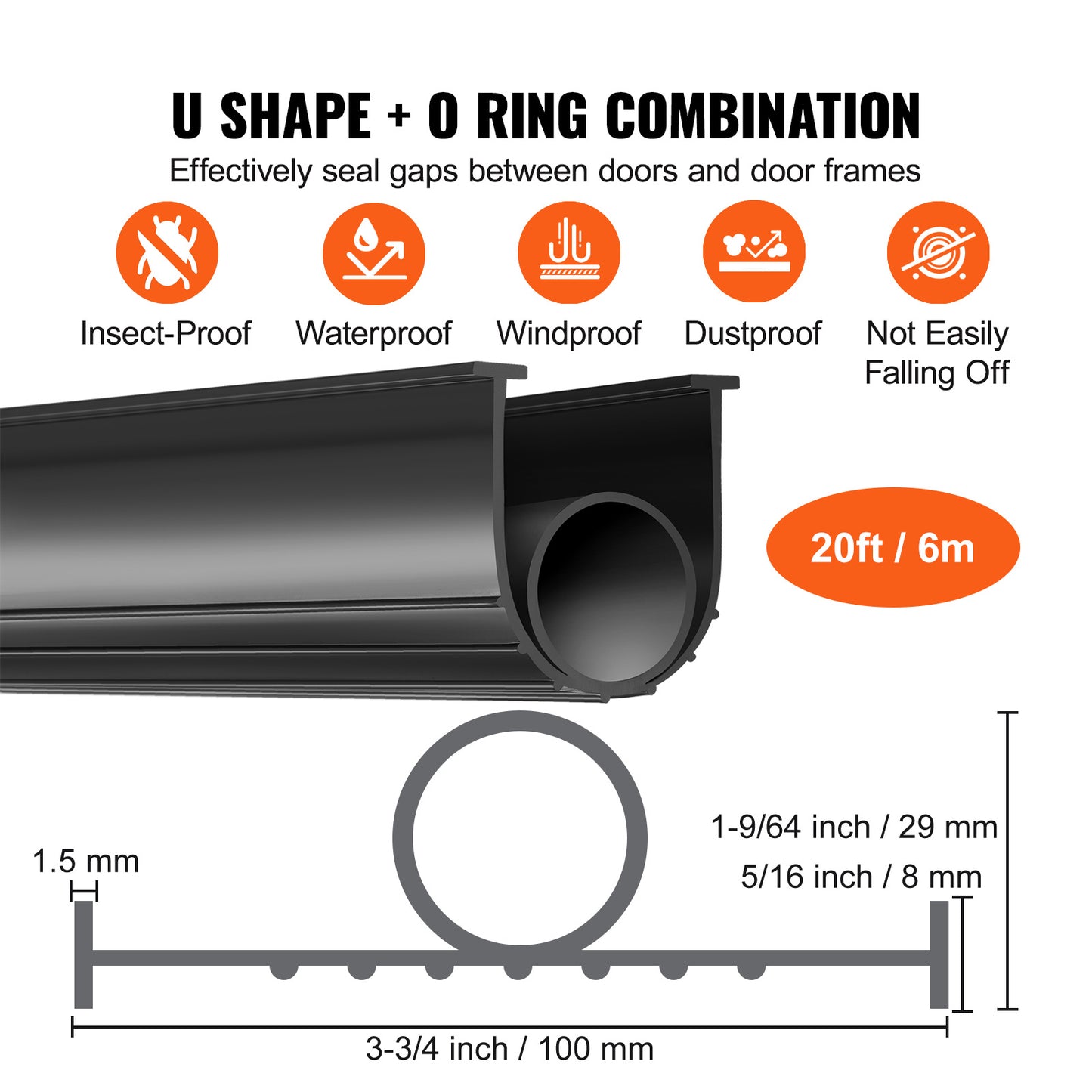 Garage Door Bottom Weather Seal – U-Shape + O-Ring Combo, 10/16/20 ft Weatherproofing Strip, 3-3/4" Wide, 7-Layer Insulation, Blocks Air, Dust & Insects for Garage, Warehouse & Roll-Up Doors