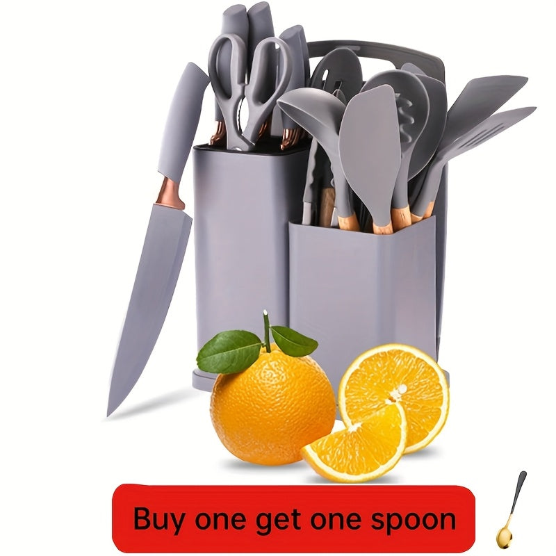 19-Piece Silicone Kitchen Utensils & Stainless Steel Knife Set with Block – Cooking Tools, Chef Knives, Scissors, Whisk, Tongs & Cutting Board