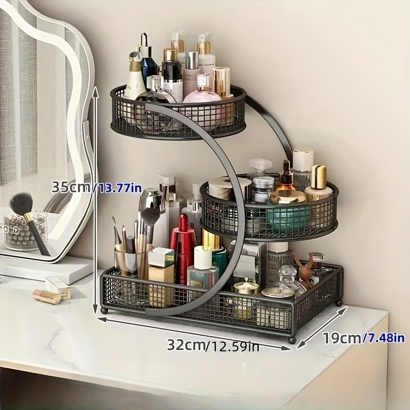 3-Tier Rotating Makeup Shelf - Portable No-Assembly Dressing Table & Bathroom Countertop Storage Rack with Rotating Shelves Suitable for Cosmetics, Skincare, Nail Polish, Lipstick, Perfume - Space-Saving Rotator for