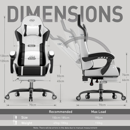 Massage Lumbar Gaming Chair with Pocket Spring Seat – High-Back PU Leather Computer Chair, Memory Foam Headrest, Retractable Footrest, 135° Recline, 360° Swivel, for Home Office & Gaming