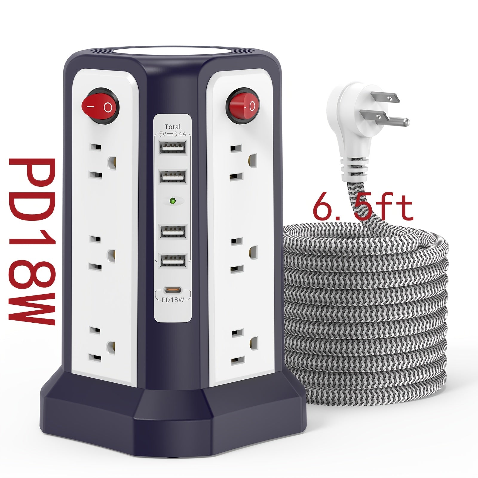 17-in-1 Surge Protector Power Strip with 12 AC Outlets & 5 USB Ports – PD 20W Fast Charging, 4-Zone Independent Switch, Touch Night Light, 6.5ft Extension Cord for Home Office Dorm Desk