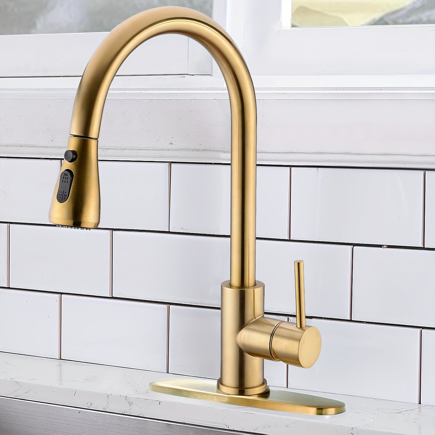 Pull-Down Kitchen Faucet – Single Handle High Arc, Commercial-Grade Stainless Steel, Brushed Nickel Finish, Deck Plate Included, for Kitchen, Bar, Laundry Room & RV