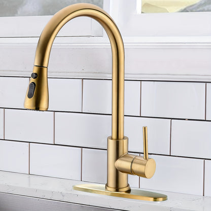 Pull-Down Kitchen Faucet – Single Handle High Arc, Commercial-Grade Stainless Steel, Brushed Nickel Finish, Deck Plate Included, for Kitchen, Bar, Laundry Room & RV