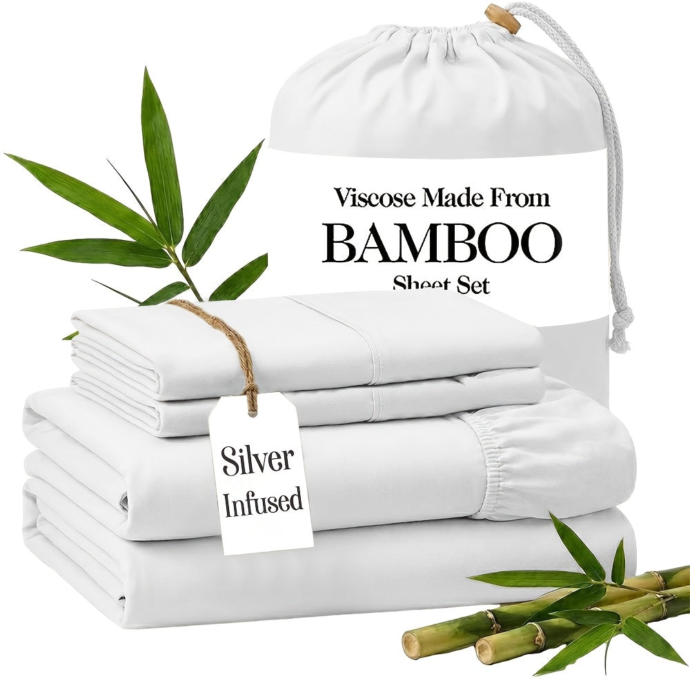 Silver Infused Bamboo Sheets, Luxury 3/4pcs Cooling Sheets, Ultra Soft Bed Set, Deep 17" Pockets, Durable Double Stitching, Soft, Wrinkle Free & Comfy, Easily Fits Extra Deep Mattresses, Pillowcases, Flat Sheet And Fitted Sheet