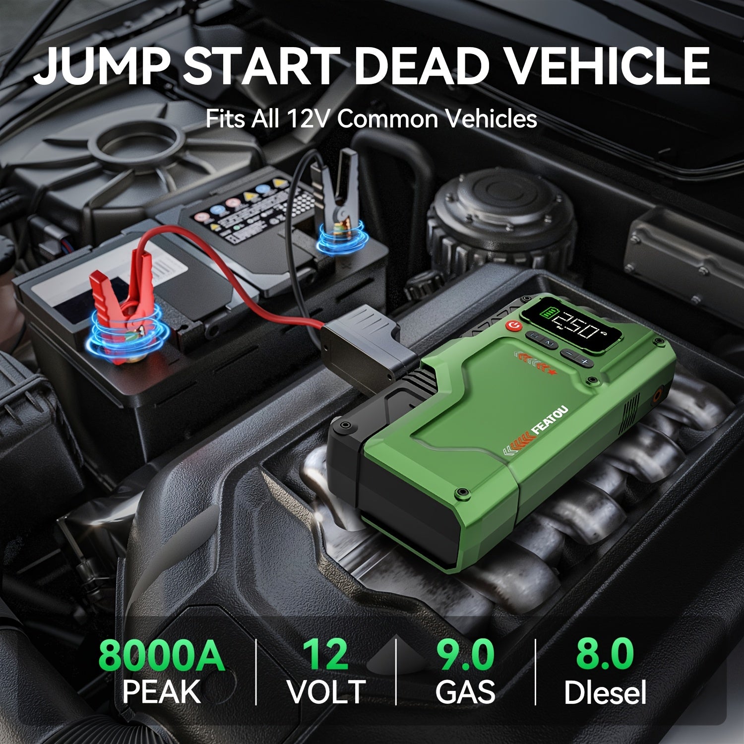 Car Jump Starter, 8000A&6000A Battery Jump Starter With Air Compressor, For Up To 2.64gal Gas And 2.11gal Diesel Engines, 12V Lithium Portable Jump Box Car Battery Jumper Start With LED Light Quick-Charge Battery Charger Power Bank