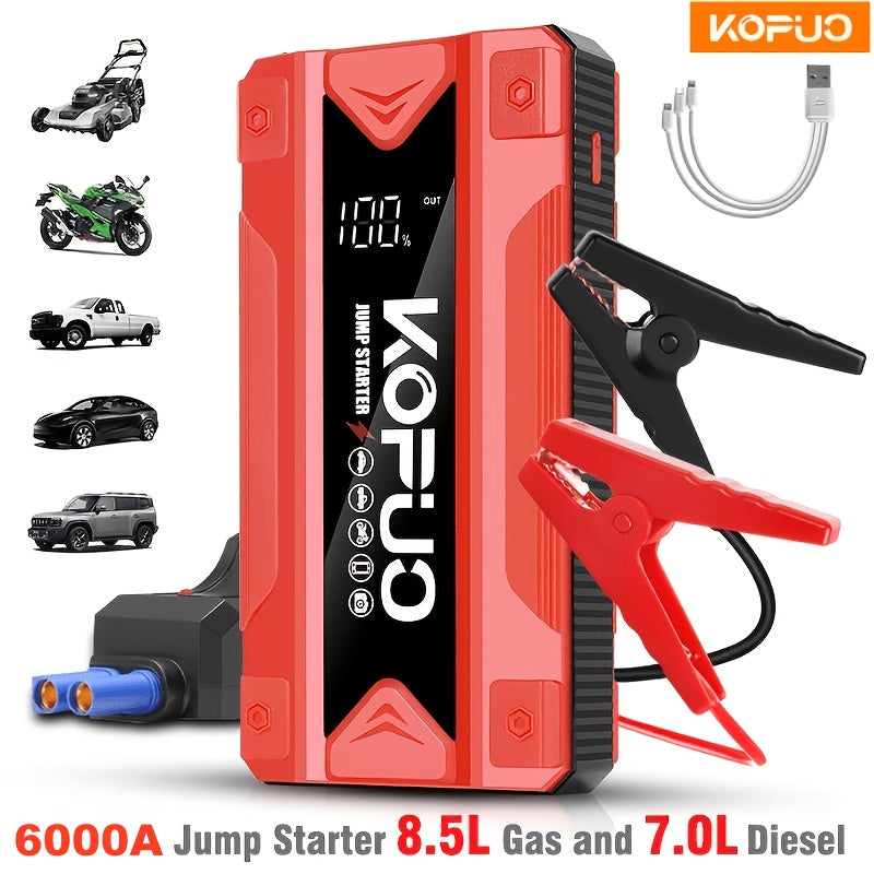 Compact Car Jump Starter 5000A/6000A with Safety Jumper Cables, Fast Charge, USB Power Bank & LED Flashlight – 12V Camping & Emergency Booster