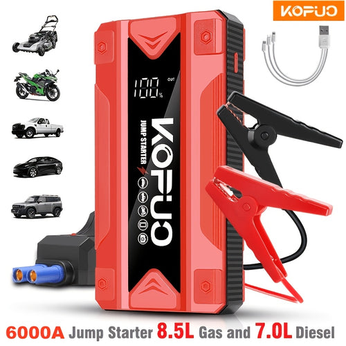 Compact Car Jump Starter 5000A/6000A with Safety Jumper Cables, Fast Charge, USB Power Bank & LED Flashlight – 12V Camping & Emergency Booster
