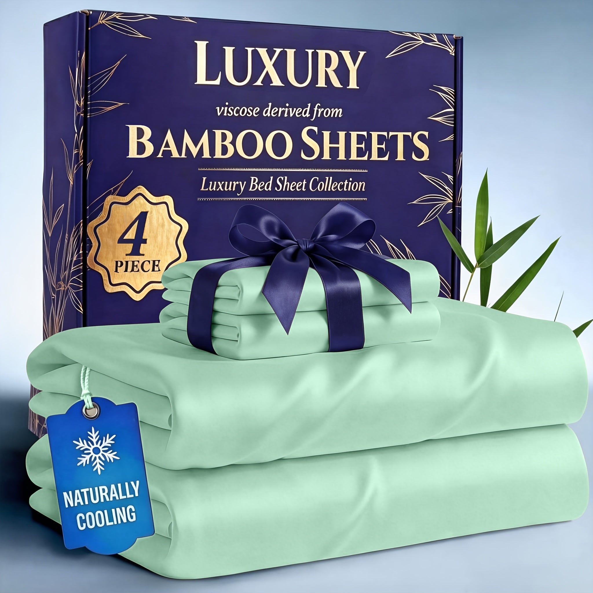 Bamboo Cooling Bed Sheets Set 4-Piece – Soft Lightweight Breathable Deep Pocket 16" Fitted Sheet for Hot Sleepers, Flat Sheet & 2 Pillowcases for Bedroom Kids Room