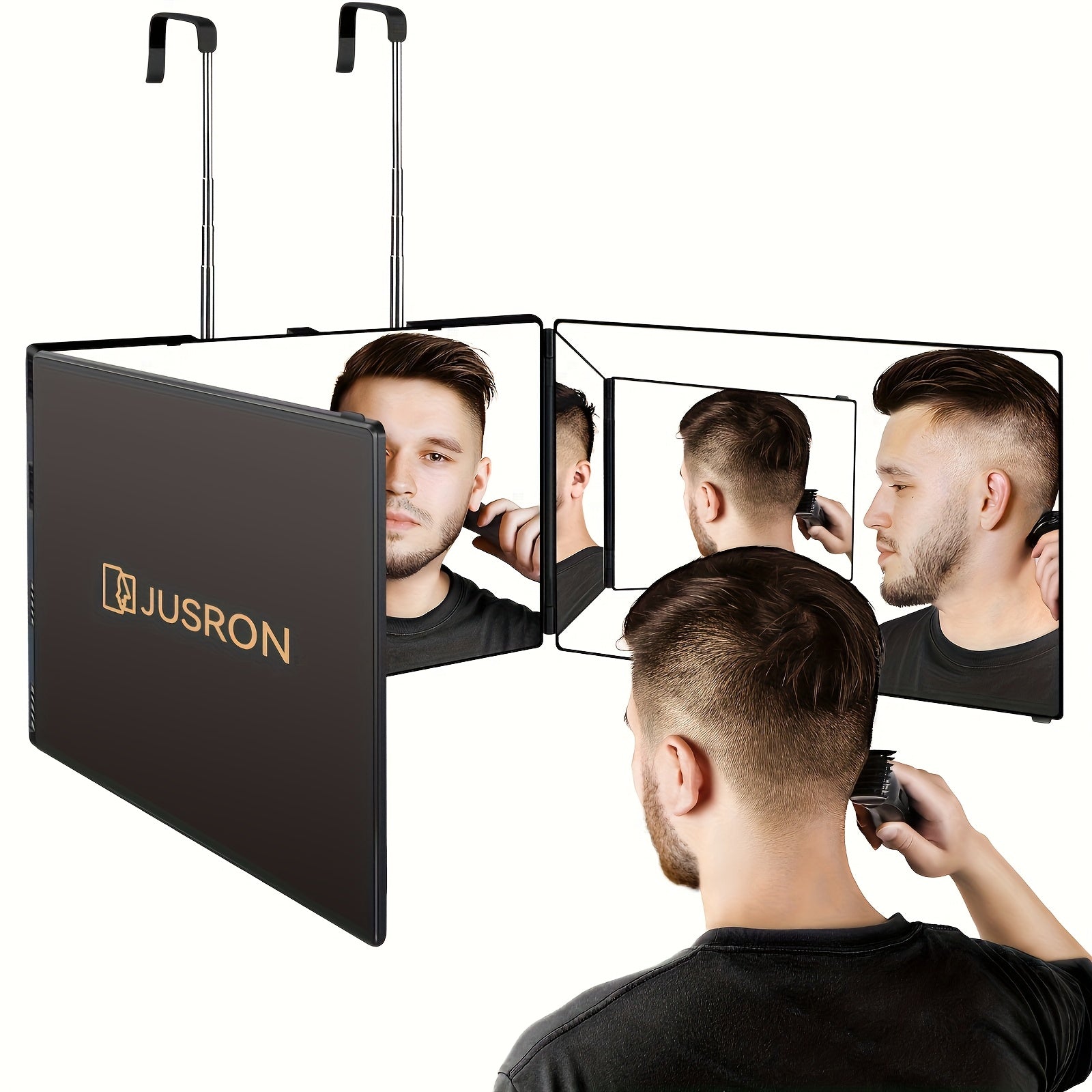360° 3-Way Hair Cutting Mirror with LED – Anti-Fog HD Glass, Height Adjustable, USB Rechargeable – Self Haircut Barber Mirror for Home, Wall, Door & Table – Beauty Gift for Women & Men