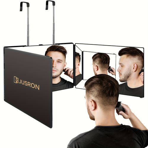 360° 3-Way Hair Cutting Mirror with LED – Anti-Fog HD Glass, Height Adjustable, USB Rechargeable – Self Haircut Barber Mirror for Home, Wall, Door & Table – Beauty Gift for Women & Men