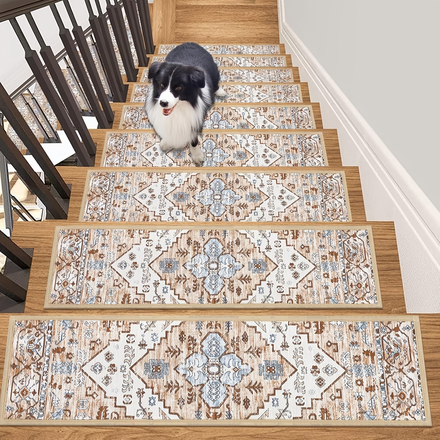 Non-Slip Carpet Stair Treads 15-Pack — 8"x30" Self-Adhesive Stair Runner Pads for Wooden Steps, Reusable Indoor Outdoor Staircase Step Rugs
