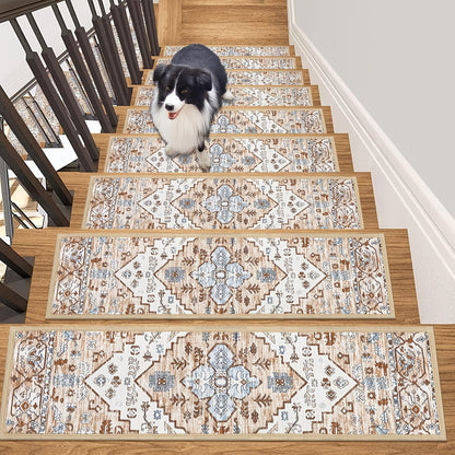 Non-Slip Carpet Stair Treads 15-Pack — 8"x30" Self-Adhesive Stair Runner Pads for Wooden Steps, Reusable Indoor Outdoor Staircase Step Rugs