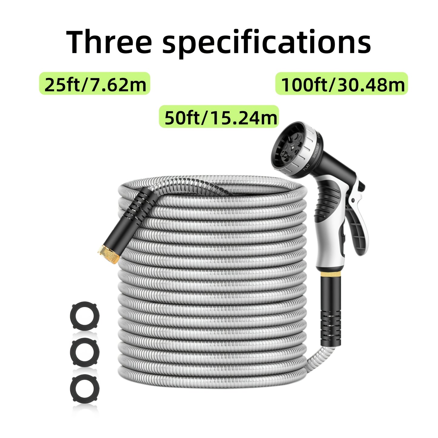 Stainless Steel Garden Hose with 10-Function Nozzle – Heavy-Duty Puncture-Proof No-Kink Flexible Metal Hose for Yard, Lawn, Car Wash & Pet Cleaning, 25ft / 50ft / 100ft