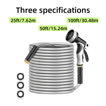Stainless Steel Garden Hose with 10-Function Nozzle – Heavy-Duty Puncture-Proof No-Kink Flexible Metal Hose for Yard, Lawn, Car Wash & Pet Cleaning, 25ft / 50ft / 100ft