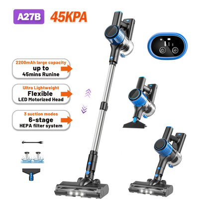 10-in-1 Cordless Stick Vacuum Cleaner with Green Light Detection, Anti-Tangle Brush, 45-Min Runtime, 3 Suction Modes – Lightweight Rechargeable Vacuum for Hardwood Floor, Carpet & Pet Hair