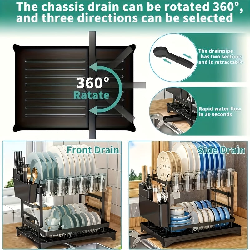 Food Service Tools And Tableware, 2-Layer Carbon Steel Dish Drainer with Drip Tray And Utensil Rack, Kitchen Counter Dish Drying Rack