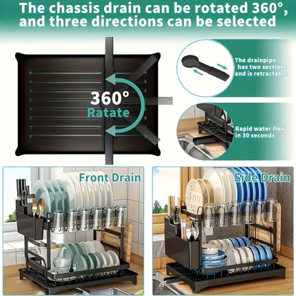 2-Layer Carbon Steel Dish Drying Rack with Drip Tray & Utensil Holder – Kitchen Counter Dish Drainer Organizer, Space-Saving Dish Rack for Canadian Homes