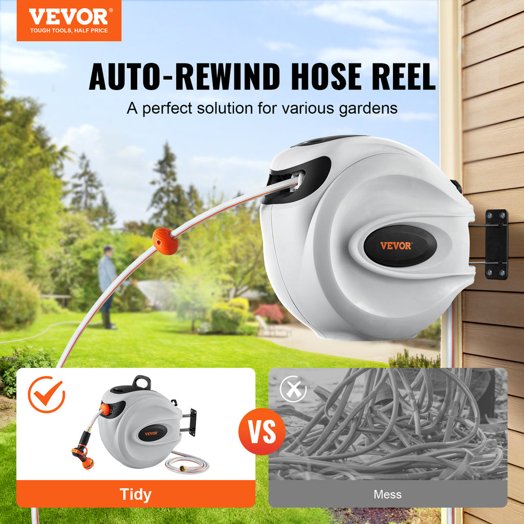 VEVOR Retractable Hose Reel Water Hose Reel 65'x5/8" / 84'x5/8" / 100'x1/2" / 115'x1/2" / 130'x1/2" 180° Swivel Wall-Mounted