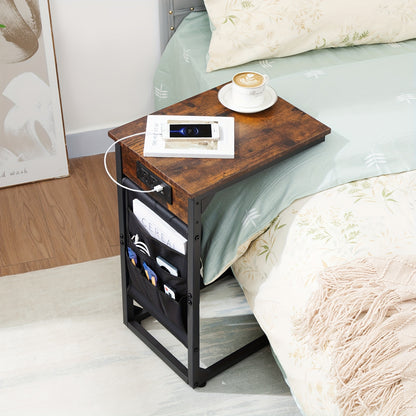 C-Shaped End Table Sofa Side Table with Metal Frame – Small Snack Table for Living Room Bedroom Bedside, Optional Charging Station, Set of 1 or 2