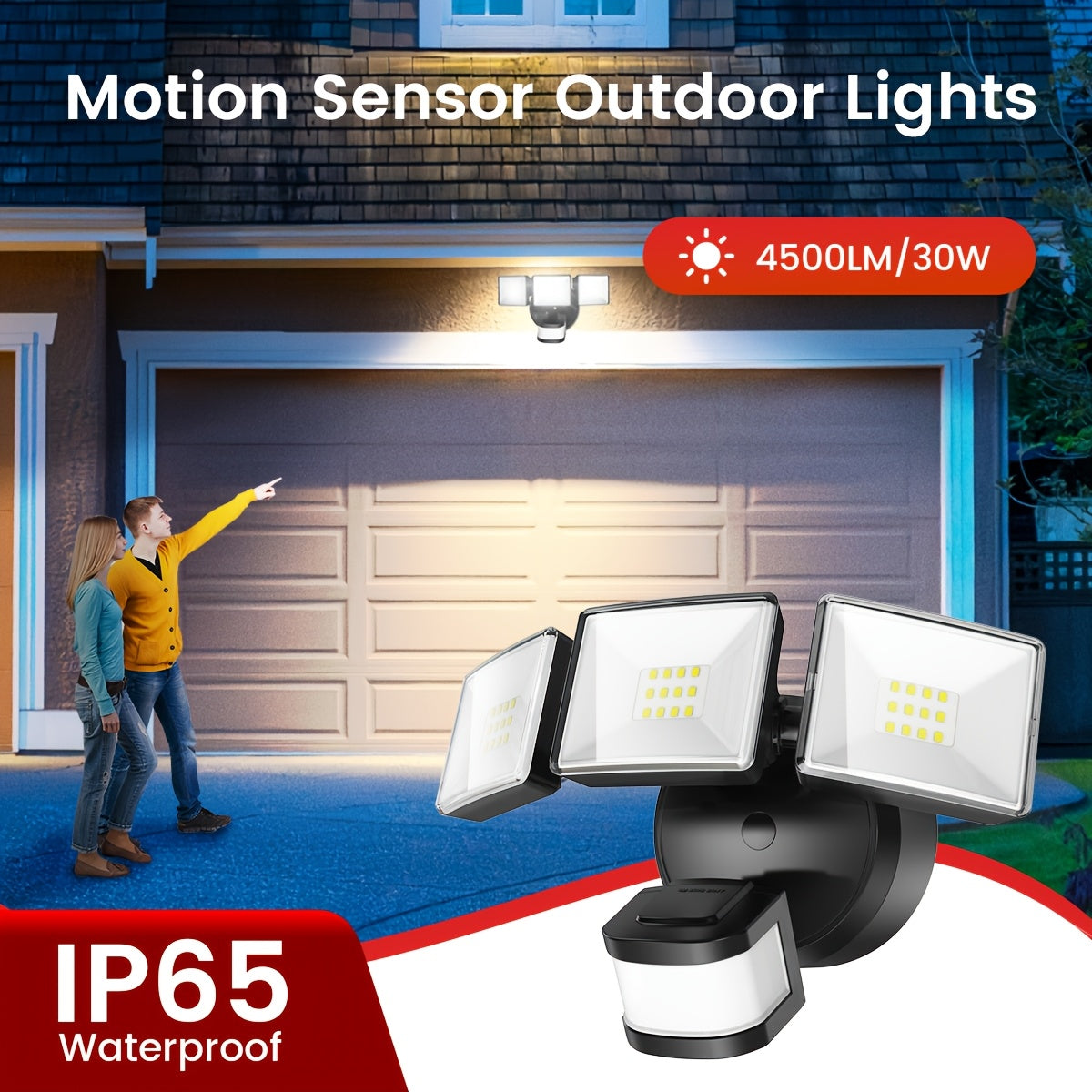 SYVIO Flood Lights Outdoor, LED Security Light for 4500SQ, 4500LM/30W, IP65, 240°/50ft Motion Sensor Outdoor Lights 3 Modes Dusk to Dawn, FT Area for Yard Garden, Garage And Backyard, Black (Hardwired)