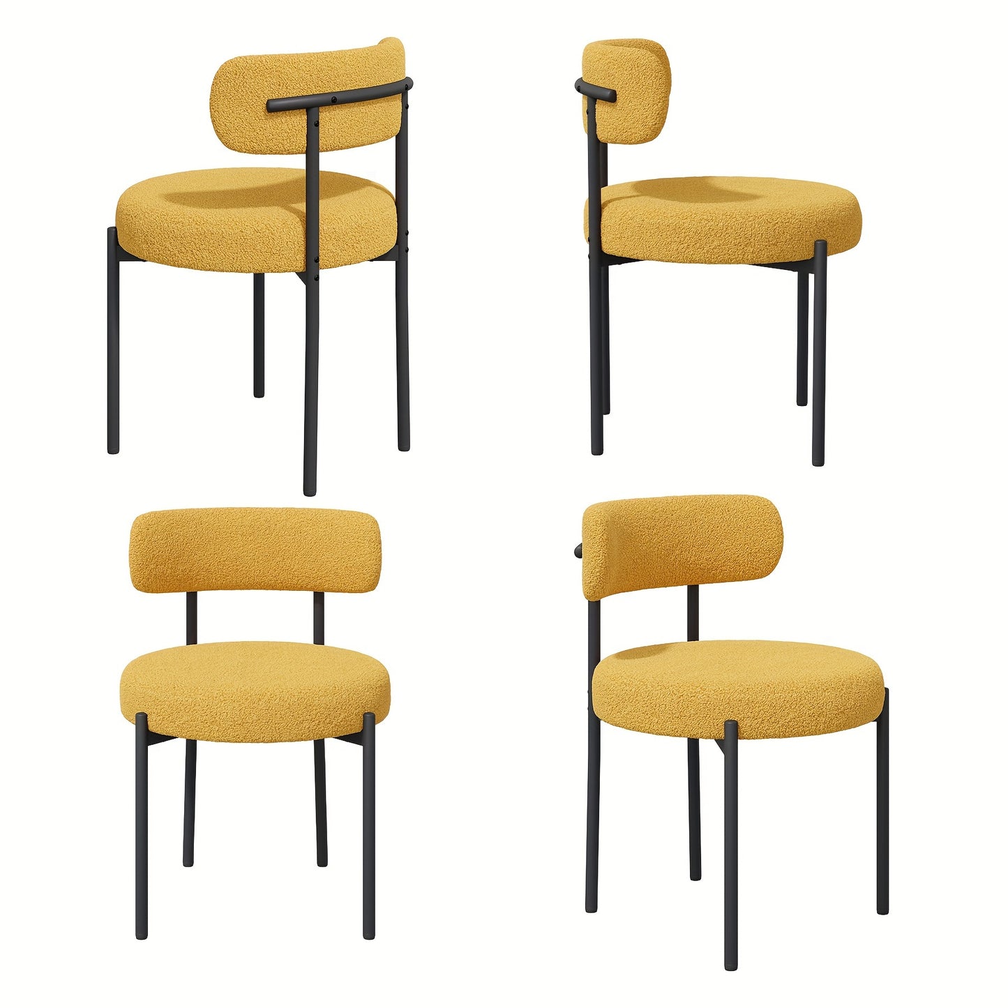 Mid-Century Modern Dining Chairs with Boucle Fabric & Thick Cushions – Rounded Back Upholstered Accent Chair with Sturdy Metal Legs for Dining Room Living Room