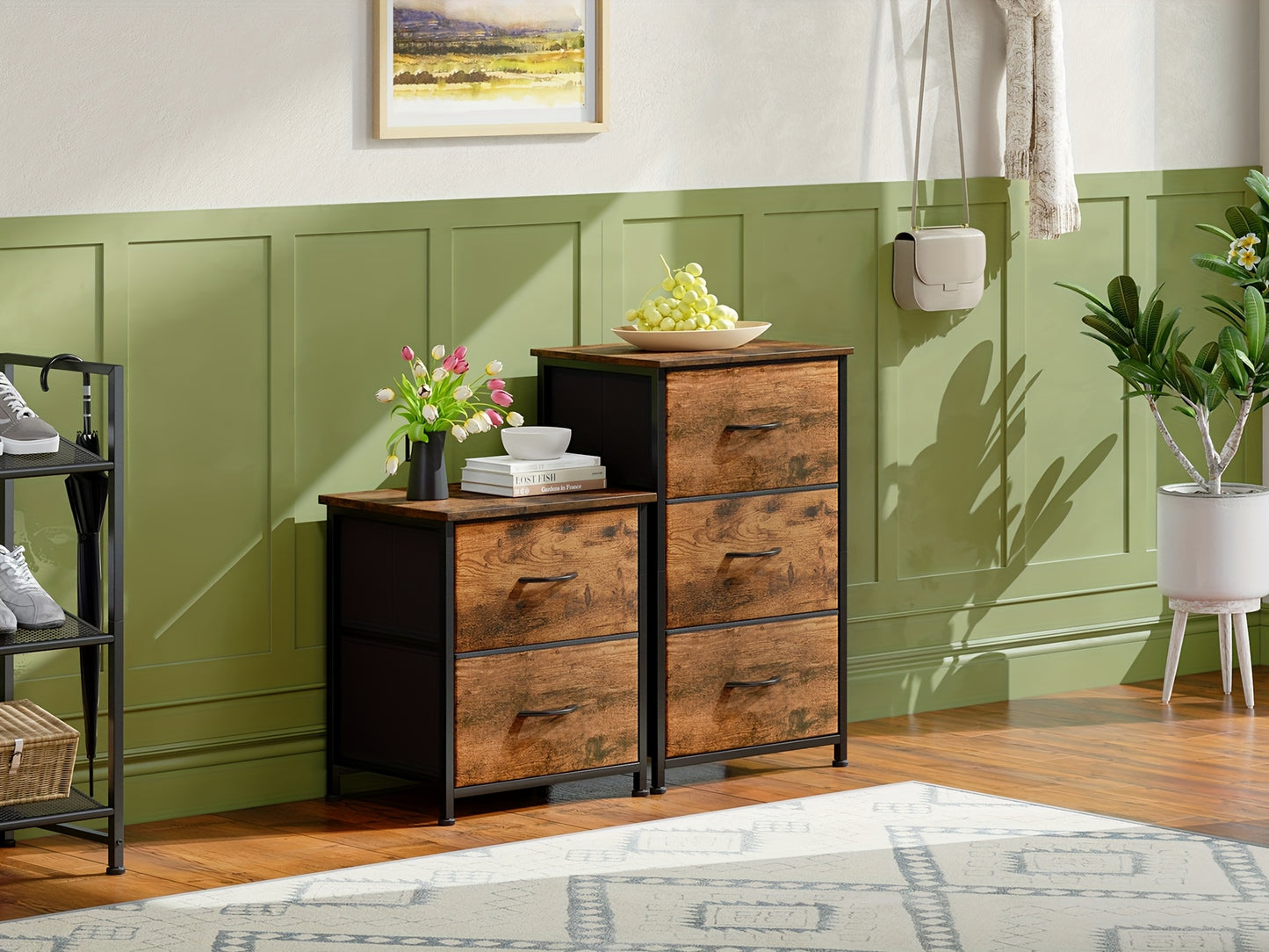 3-Drawer Nightstand with Fabric Bins – Bedside Table End Table Dresser for Bedroom Closet Dorm, Storage Drawer Unit with Fabric Organizer Bins