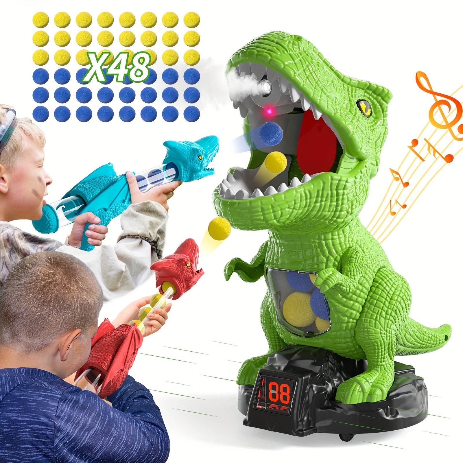 Dinosaur Shooting Game Toy with 48 Bullets, 2 Launchers & Goggles – Movable Dino with Sound, Light & Spray Effect, Interactive Outdoor Toy for Boys Ages 3 and Up