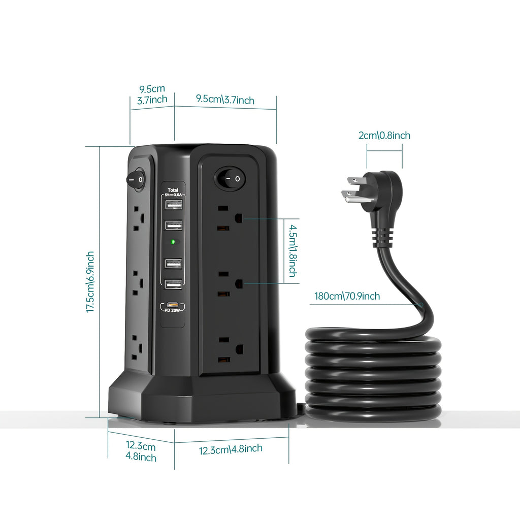 17-in-1 Surge Protector Power Strip with 12 AC Outlets & 5 USB Ports – PD 20W Fast Charging, 4-Zone Independent Switch, Touch Night Light, 6.5ft Extension Cord for Home Office Dorm Desk