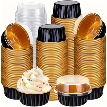 100-Pack Aluminum Foil Baking Cups with Lids 50 Boxes + 50 Lids Heat-Resistant Cupcake Molds for Weddings Birthday Parties Desserts Pudding Cream Cake