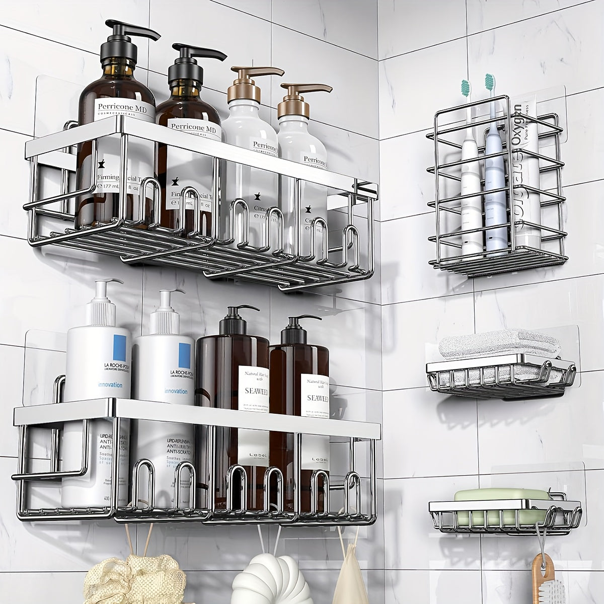 Adhesive Shower Caddy Organizer 5-Pack – No Drilling Rustproof Stainless Steel Shower Shelves with Soap Holder, Wall-Mounted Bathroom Storage Rack for Renters & Families