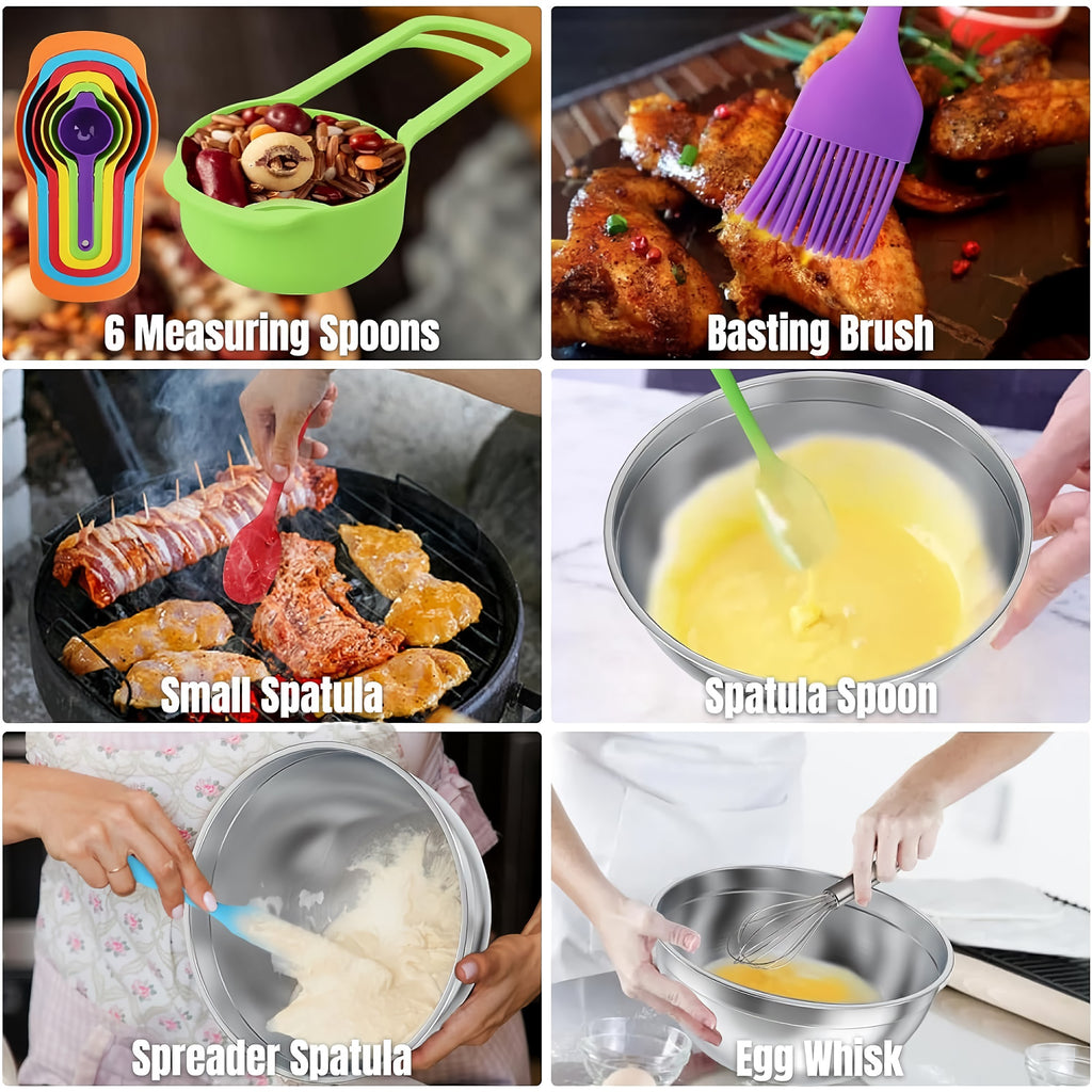 7pcs Stainless Steel Mixing Bowl Set, Multifunctional Stacking Mixing Bowls with Lids and Accessories for Home, Kitchen, Cooking - TU-JC-SLW003-US