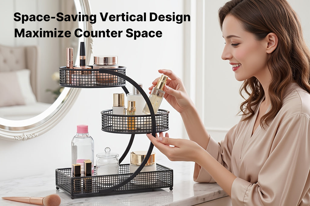 3-Tier Rotating Makeup Shelf - Portable No-Assembly Dressing Table & Bathroom Countertop Storage Rack with Rotating Shelves Suitable for Cosmetics, Skincare, Nail Polish, Lipstick, Perfume - Space-Saving Rotator for