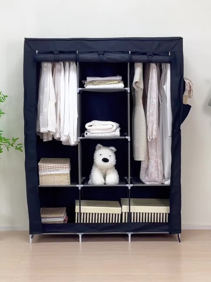 Curtain Portable Wardrobe Closet with 2-6 Shelves, 2 Hanging Areas & 4 Side Pockets – Non-Woven Dustproof Clothes Storage Organizer, Large & Small Sizes, Bedroom & Apartment