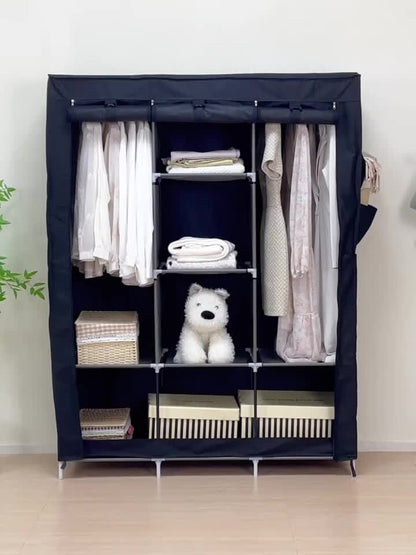 Curtain Portable Wardrobe Closet with 2-6 Shelves, 2 Hanging Areas & 4 Side Pockets – Non-Woven Dustproof Clothes Storage Organizer, Large & Small Sizes, Bedroom & Apartment