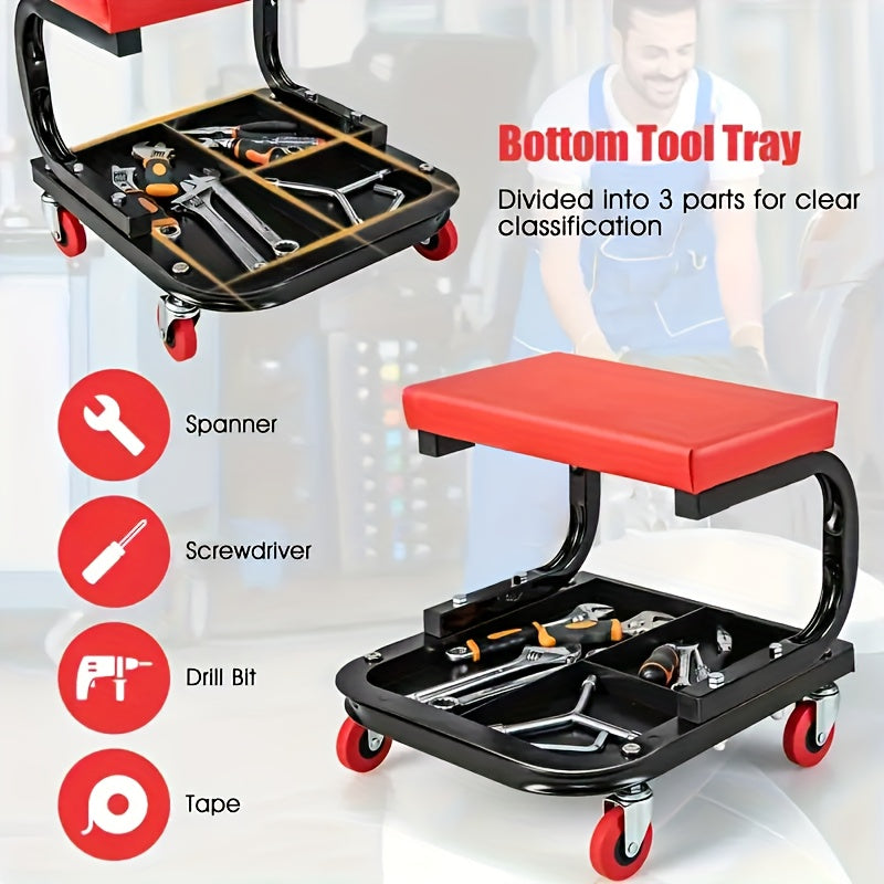 Heavy Duty Roll Crawling Stool with Padded Seats And Tool Pallet Storage - Adjustable Height, 4 Wheels Easy to Move, Red Cushion Comfortable, Great for Workshop, Car Repair And Mechanics