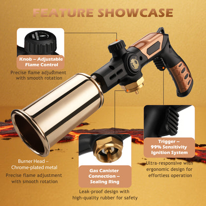 Propane Torch Burner for BBQ Searing Steak Cooking, Adjustable Flame Culinary Torch Gun, Campfire Starter Sous Vide Welding Tool, Ergonomic Grip, 1800°C (Gold, Propane Tank Not Included)