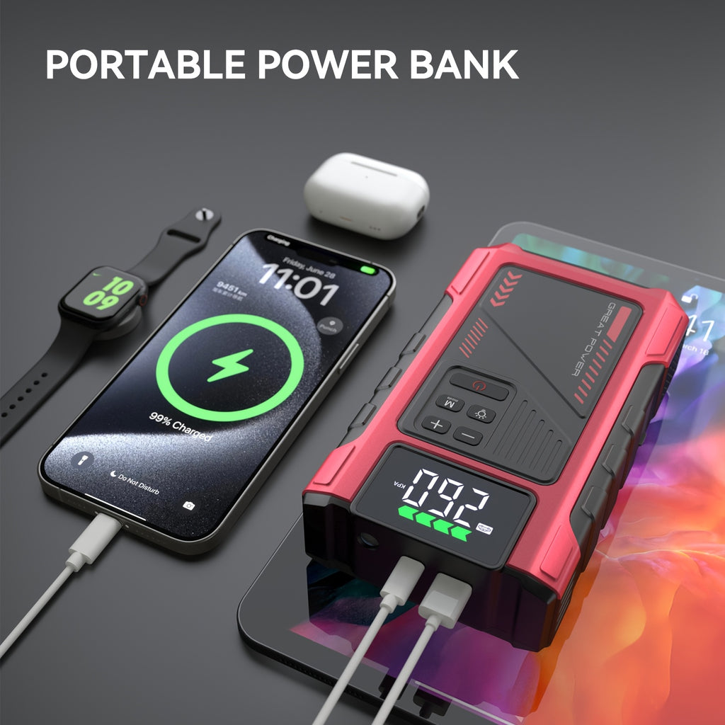 7000A Car Portable Wireless Car Air Compressor, Jump Starter With AirCompressor, Battery Jump StarterPortable Peak, Car Battery Charger Portable For12V(2.11gal Gas/1.72 gal Diesel) UsB Input/output, LED Emergency, Car Accessories Too