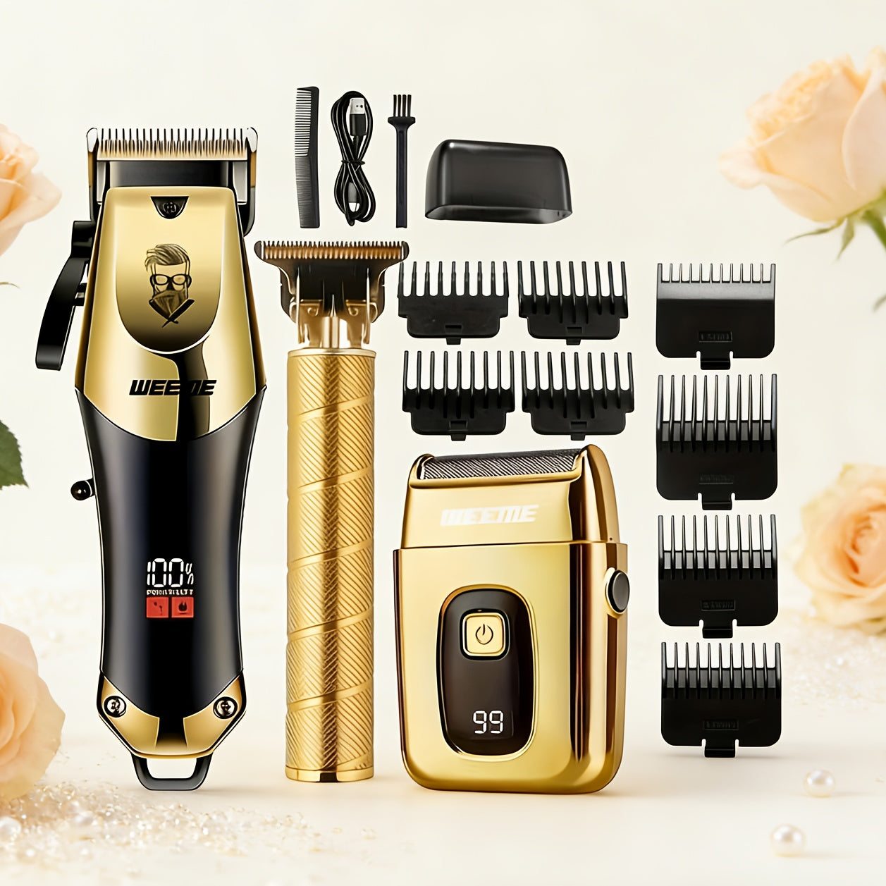 Men's Grooming Kit Gift Set – WEEME USB Rechargeable Hair Clipper, Trimmer & Shaver with 8 Guide Combs & Cleaning Brush | Father's Day Gift for Men