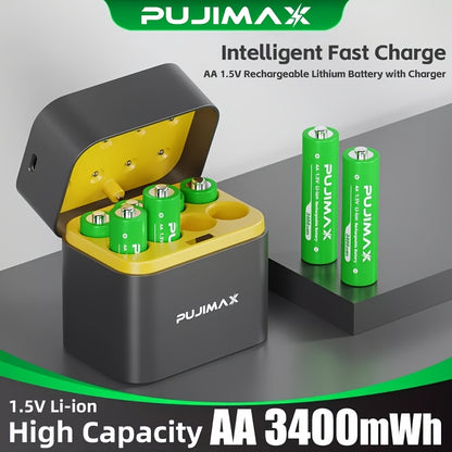 AA Rechargeable Lithium Battery 8-Pack 3400mWh 1.5V with USB-C Fast Charger Storage Box – Long-Lasting Li-ion Batteries for Xbox Controllers, Cameras, Smart Home Devices & More | PUJIMAX