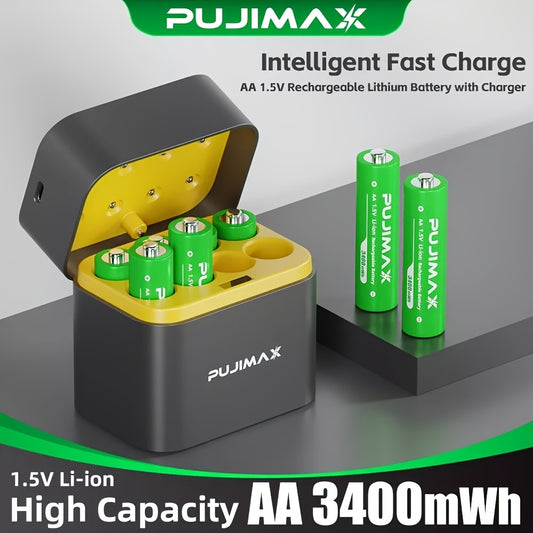 PUJIMAX 1.5V AA Rechargeable Lithium Battery with Fast Charger Box, 8pcs 3400mWh High Performance Lithium Battery, Easy Storage And Quick Charging, Quick Charging Solution, Long Lasting Rechargeable AA Lithium Ion Battery And All-in-One Charging Box