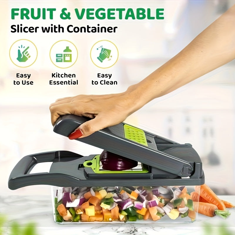 Professional Onion Chopper 16-in-1 Vegetable Slicer Dicer Multifunctional Food Chopper with 8 Blades & Container, Kitchen Carrot Potato Cutter Tool for Meal Prep, Gray Black
