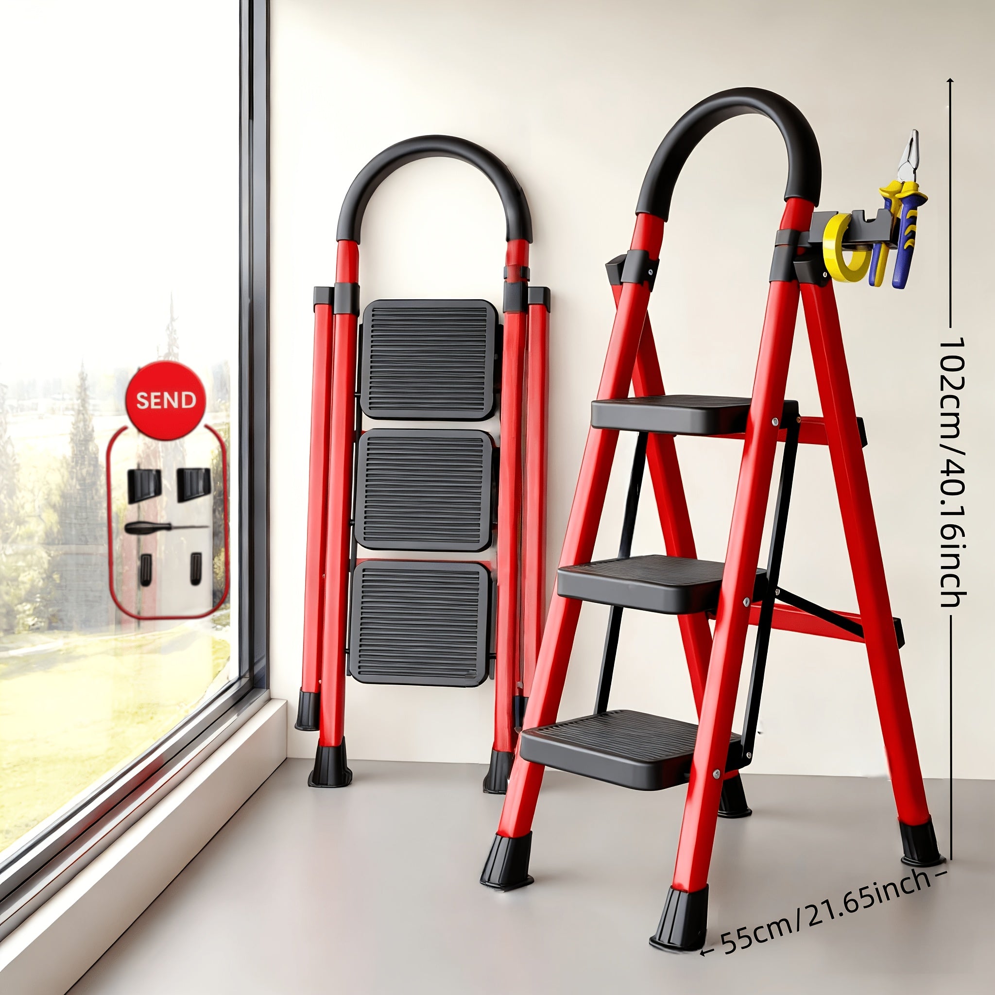 500Lbs Load-Bearing Folding 5/4/3 Step Ladder | Heavy-Duty Steel Step Stool with Anti-Slip Wide Treads, Handrails, Safety Lock Design, Black And Red Color Scheme, Portable Multi-Functional Ladder for Home And Kitchen Use-Xphyn