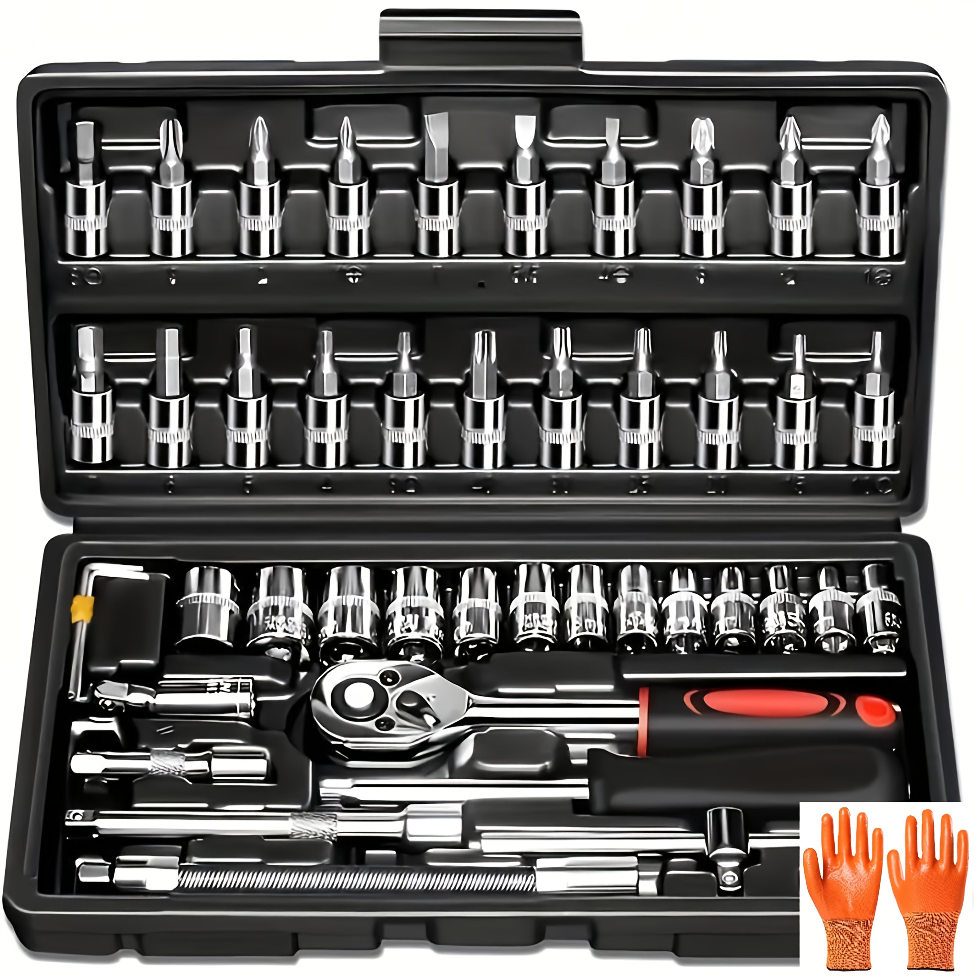 A Mechanical Tool Set Including a Ratchet Handle, Extension Bar, Universal Joint, Slide Bar, SAE and Metric Sockets, Hex Keys, and a Basic Automotive Repair Manual Tool Kit with a Plastic Toolbox. Battery Not Included. Unpowered Manual Tool Set