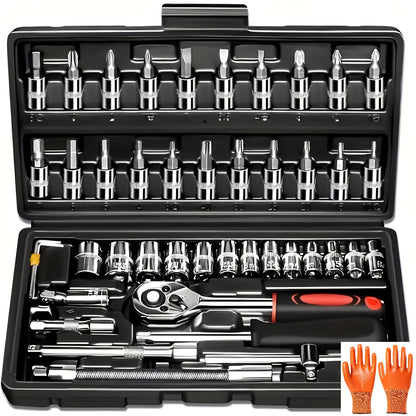 Mechanical Tool Set with Plastic Toolbox – Ratchet Handle, SAE & Metric Sockets, Extension Bar, Universal Joint, Slide Bar & Hex Keys | Manual Automotive Repair Kit | ShopVora CA