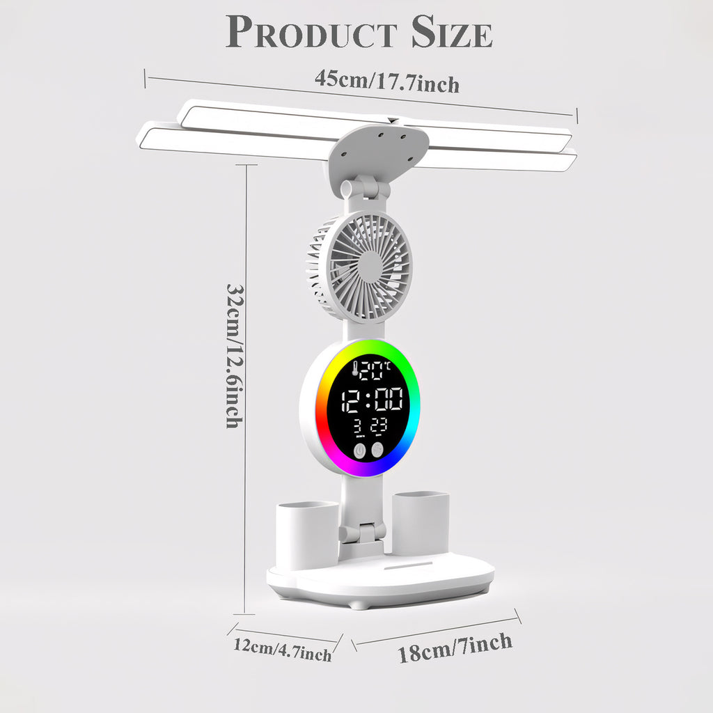 LED Desk Lamp for Study with LED Light, Built-in Fan, Time & Date Display, Temperature Display, Pen Holder Organizer, Touch Control, USB Powered (none rechargable) Multifunction Reading Lamp, Adjustable Brightness Eye-Care Table Lamp