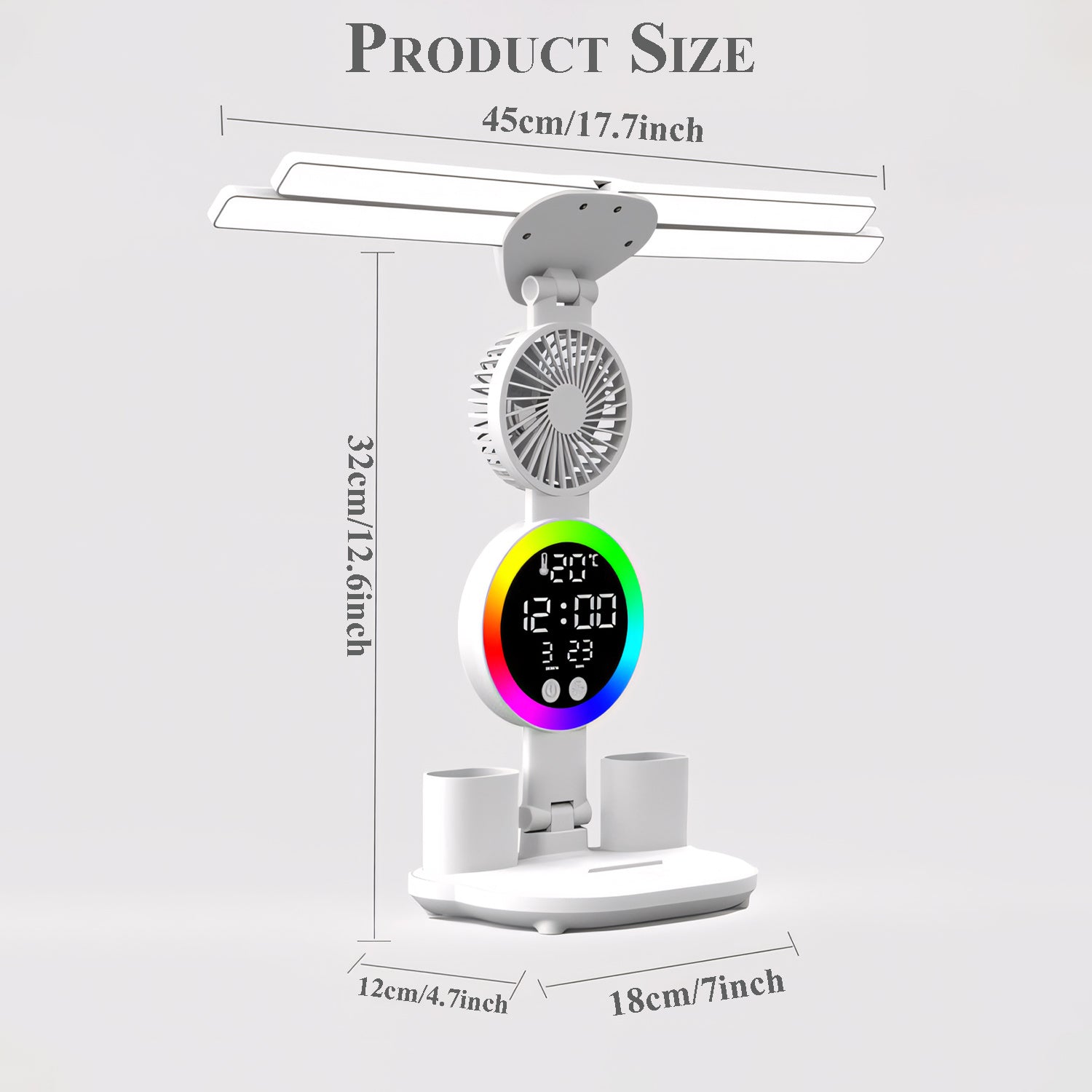 LED Desk Lamp for Study with LED Light, Built-in Fan, Time & Date Display, Temperature Display, Pen Holder Organizer, Touch Control, USB Powered (none rechargable) Multifunction Reading Lamp, Adjustable Brightness Eye-Care Table Lamp