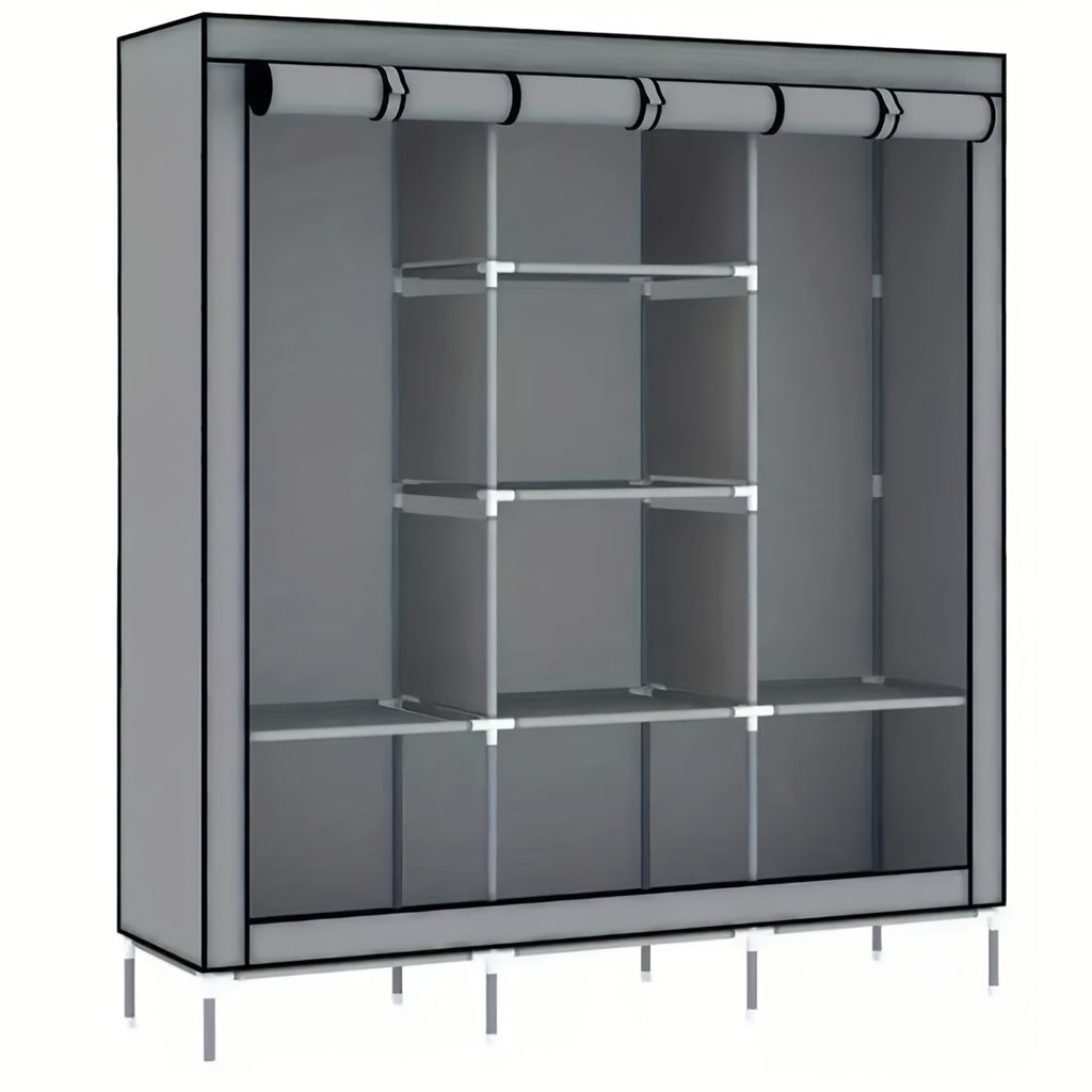 Portable Wardrobe Closet Clothes Organizer Non-Woven Fabric Cover with 6 Storage Shelves, 2 Hanging Sections and 4 Side Pockets size (170*128*45CM/148*56*44CM)