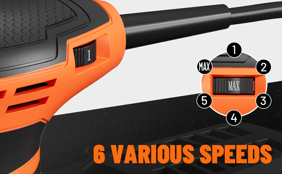 ROS01A Orbital Sander, 3A Random Orbit Sander, 6 Variable Speeds, Up to 13000 Rpm, 12pcs Sandpapers, 5in Sanding Pad, Dust Collection, Electric Sander Perfect for Woodworking