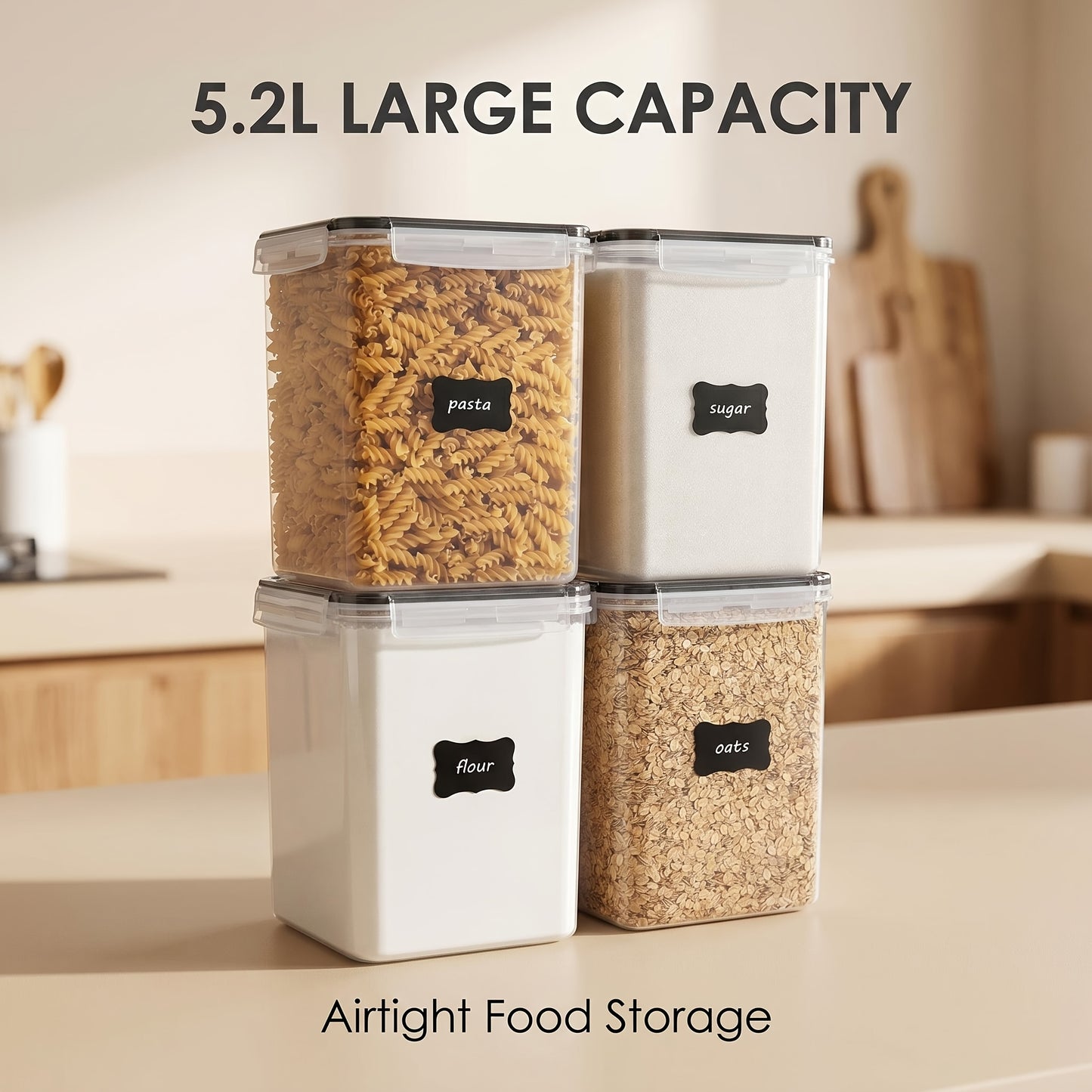 Large Airtight Food Storage Canisters Set of 4 – 5.2L/175oz BPA-Free Plastic Pantry Containers for Flour Sugar Rice Baking Supplies, with Lids, 4 Measuring Cups & 24 Labels – Black